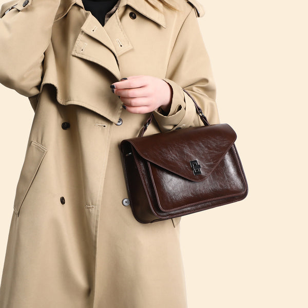 Oil-waxed Leather Vintage New Style Minimalist Fashionable Elegant Womens