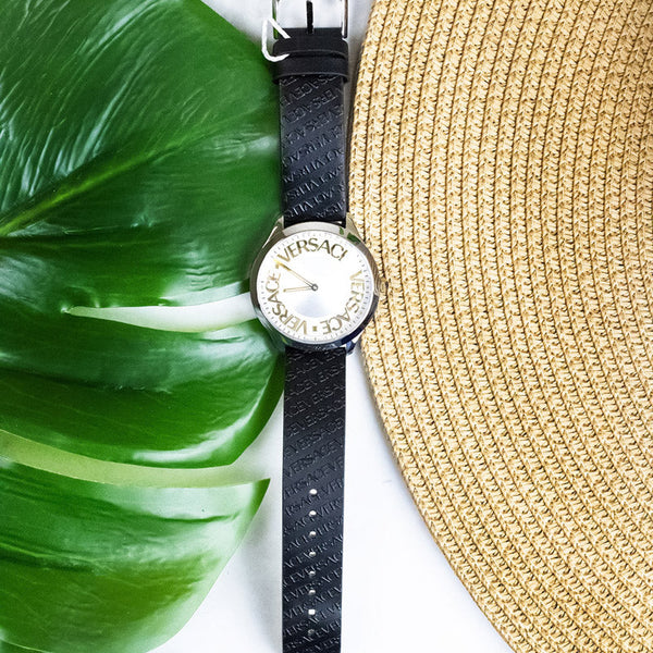 Versace 38mm Silver Logo Halo Dial Embossed Leather Watch