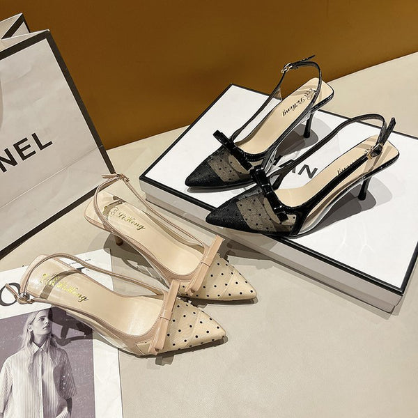 2026 New Arrival Closed-Toe Heels For Women, Summer Open-Wear Pointed-Toe Stiletto Sandals With Bowknot & Tulle, Sexy Single Pumps