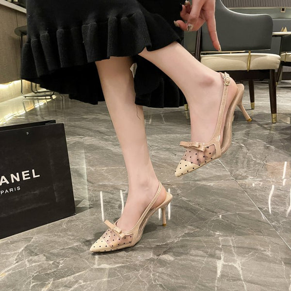 2026 New Arrival Closed-Toe Heels For Women, Summer Open-Wear Pointed-Toe Stiletto Sandals With Bowknot & Tulle, Sexy Single Pumps