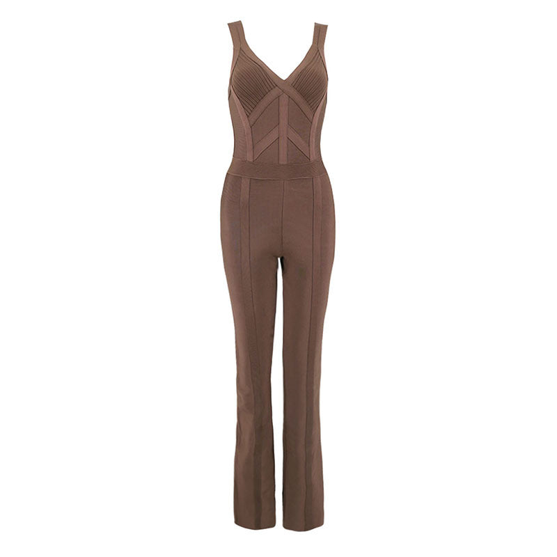 V-Neck Bodycon Jumpsuit with Flare Hem and Straps