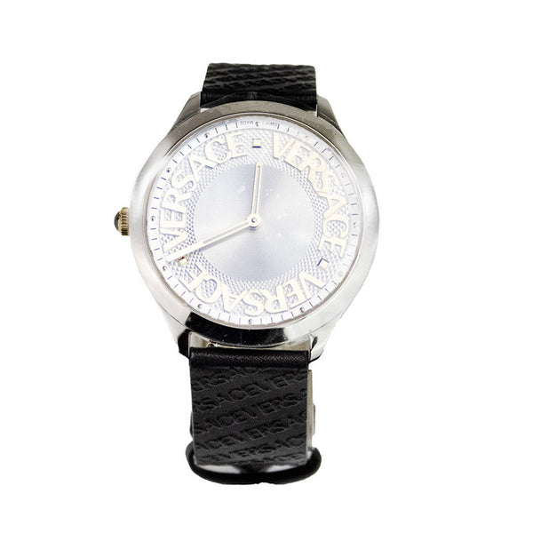 Versace 38mm Silver Logo Halo Dial Embossed Leather Watch