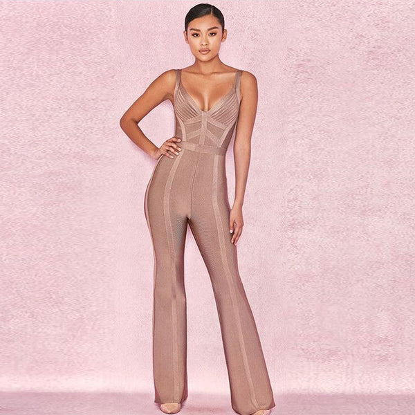 V-Neck Bodycon Jumpsuit with Flare Hem and Straps