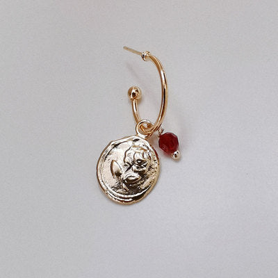 Vintage Floral Red Crystal 14k Gold Asymmetrical Earrings