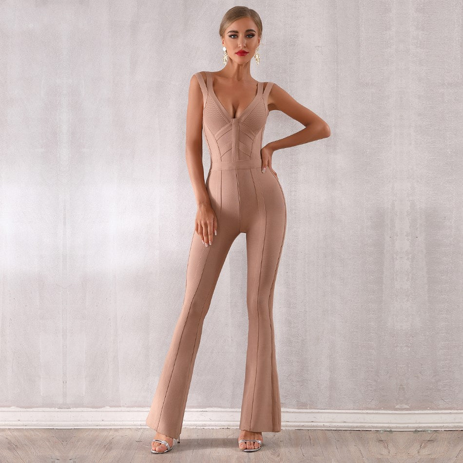 V-Neck Bodycon Jumpsuit with Flare Hem and Straps