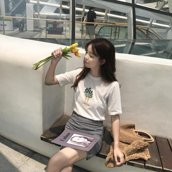 Embroidered Lavender Short Sleeve T-Shirt for Women