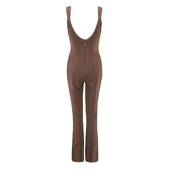 V-Neck Bodycon Jumpsuit with Flare Hem and Straps